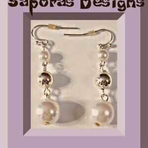 Silver Tone Dangle Earrings With Silver Tone Beads & White Beads